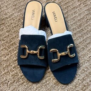 Vaneli Dark Blue Mules with Gold Accent